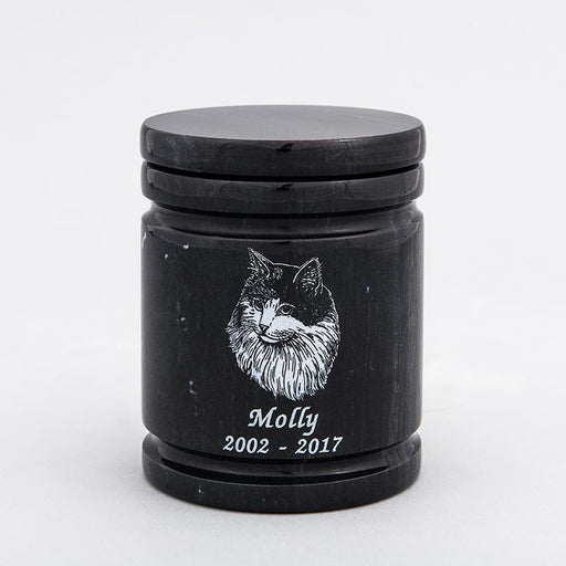 Small Round Marble Pet Urn in Black with Inscription - Personalized with CALICO 01