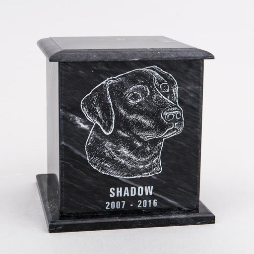 Large Square Marble Pet Urn in Black with Inscription - Personalized with LABRADOR 02