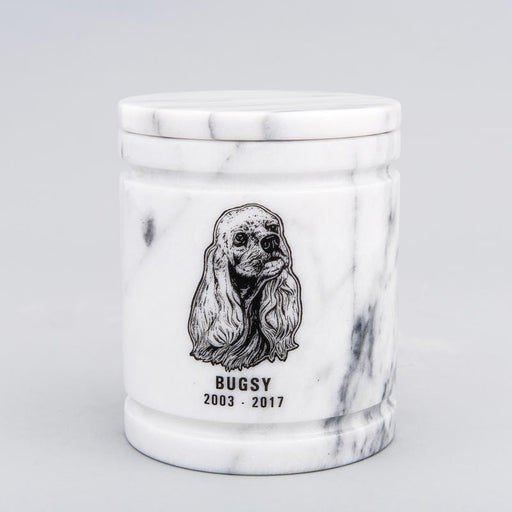 Medium Round Marble Pet Urn in White with Inscription - Personalized with COCKER SPANIEL 01