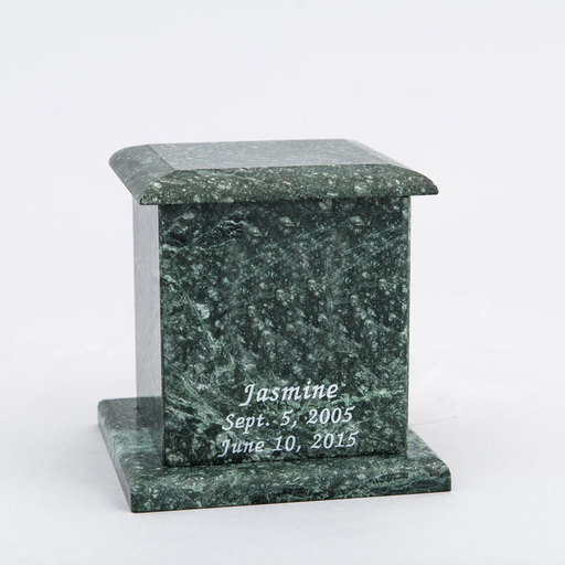 Small Square Marble Pet Urn in Green with Inscription