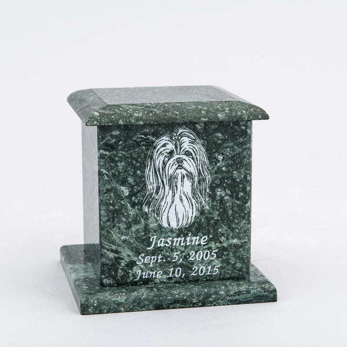 Small Square Marble Pet Urn in Green with Inscription - Personalized with SHIH TZU 02