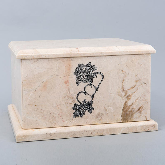 Evermore Rectangle Marble Cremation Urn in Champagne - Personalized with HEARTS & ROSES 02