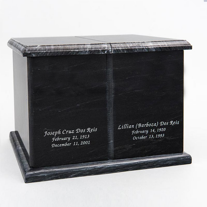 Double Compartment Natural Marble Companion Urn in Black with Inscriptions