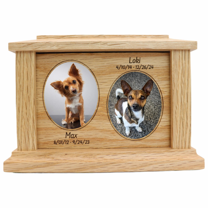 Double Oval Photo Framed Wooden Pet Urn - oak