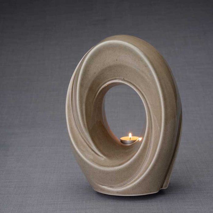 Tea Light Memorial Ceramic Cremation Urn in Beige Gray