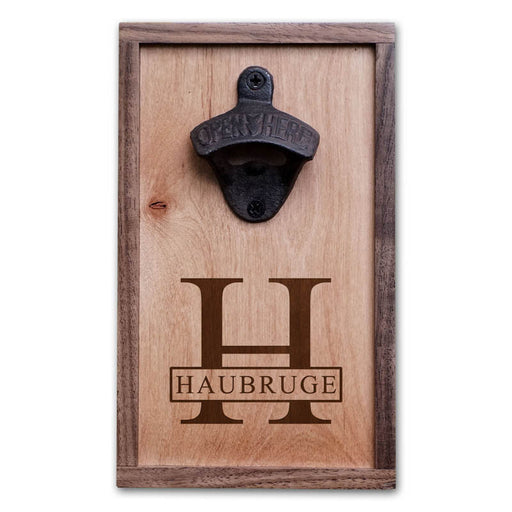 Walnut wood frame with alder wood and cast iron bottle opener