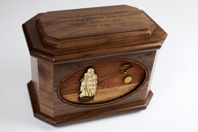 Sailing Ship Octagon Urn with 3D Inlay Wood Art