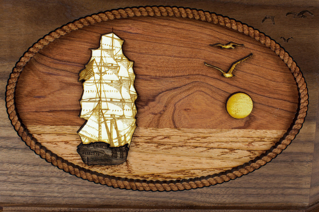 Sailing Ship Octagon Urn with 3D Inlay Wood Art