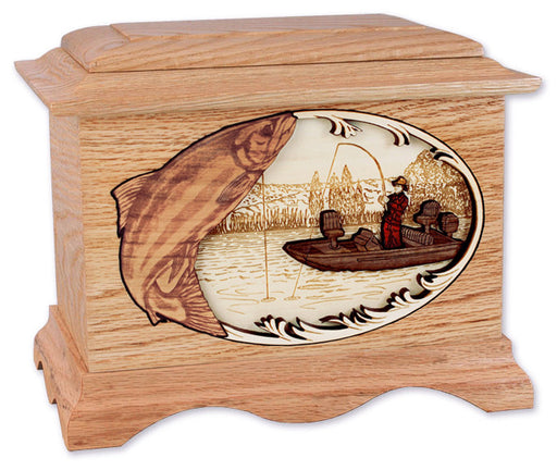 Salmon Boat Fishing Cremation Urn - Oak Wood