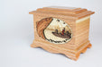 Wood cremation urn with Fishing art scene