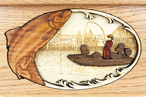 Wood inlay art detail: Fisherman, salmon, river boat