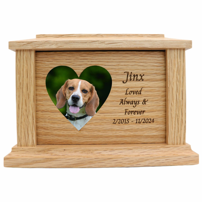 Side Heart Photo Framed Wooden Pet Urn - oak