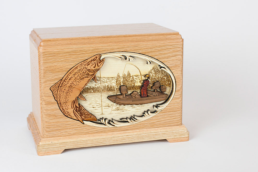 Trout Fishing Urn - Engraved Inlay Art in Oak Wood Urn