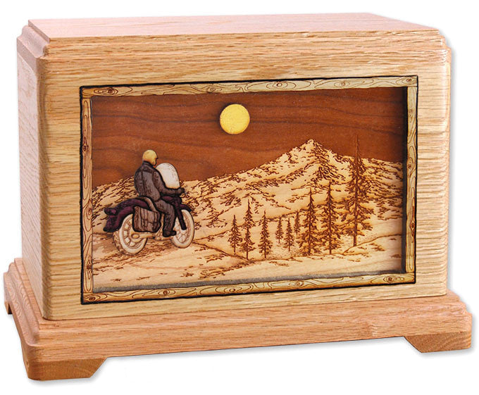 Motorcycle Riding Home Cremation Urn in Oak Wood