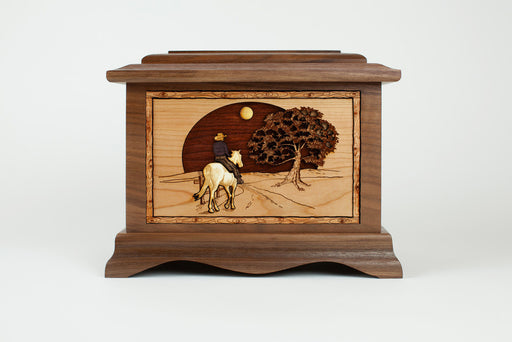 Cowboy Cremation Urn in Walnut Wood front view wide
