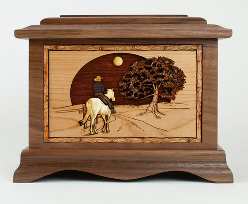 Cowboy Cremation Urn in Walnut Wood Front view