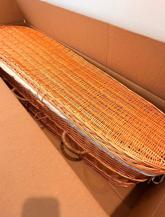 Willow casket inside a cardboard box