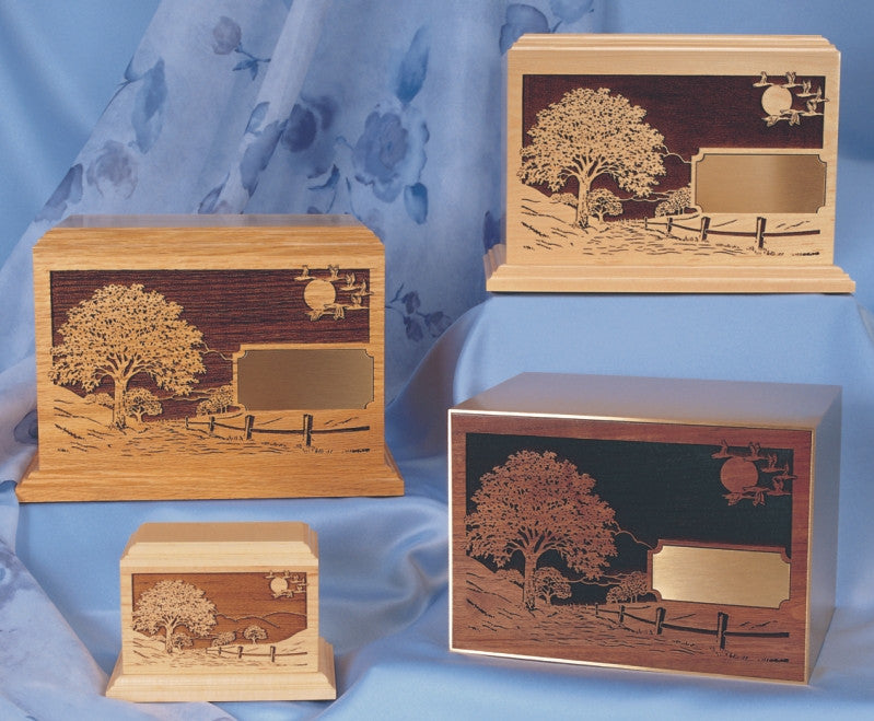 Road Home Urn in Maple (top), Oak (middle), Walnut (lower right) and Keepsake