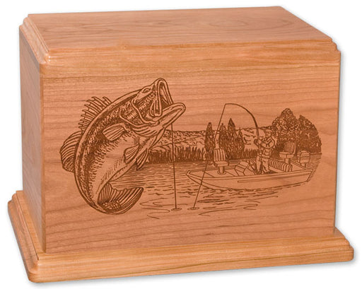 Laser Carved Boat Fishing Urn - Natural Cherry Wood